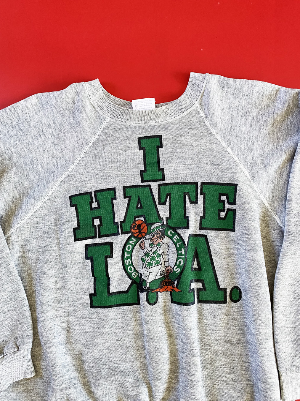 80s I Hate LA Boston Celtics Grey Crewneck
